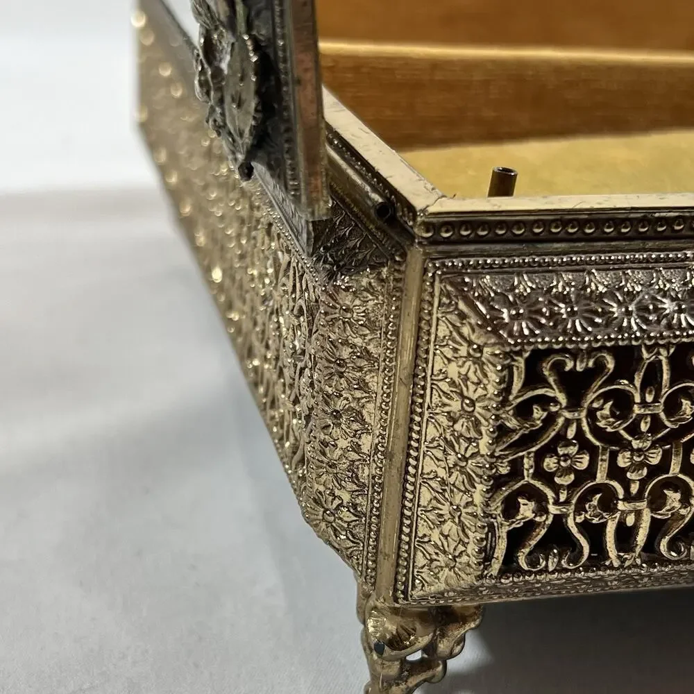 Vintage Filigree Metal Jewelry Casket w/ Glass Lid Music Box Hollywood Regency